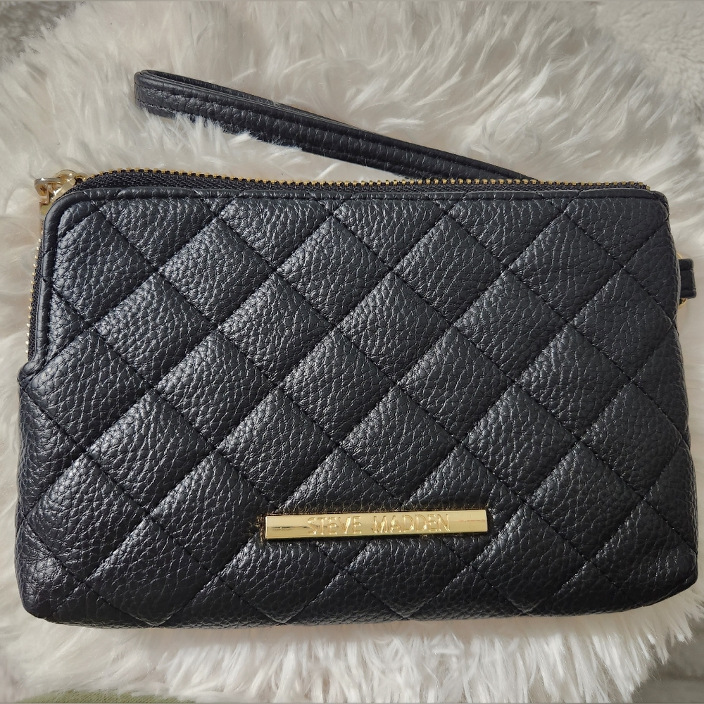 Steven Madden Wristlet,  Black Wallet Quilted Large Btrell Gold Zipper